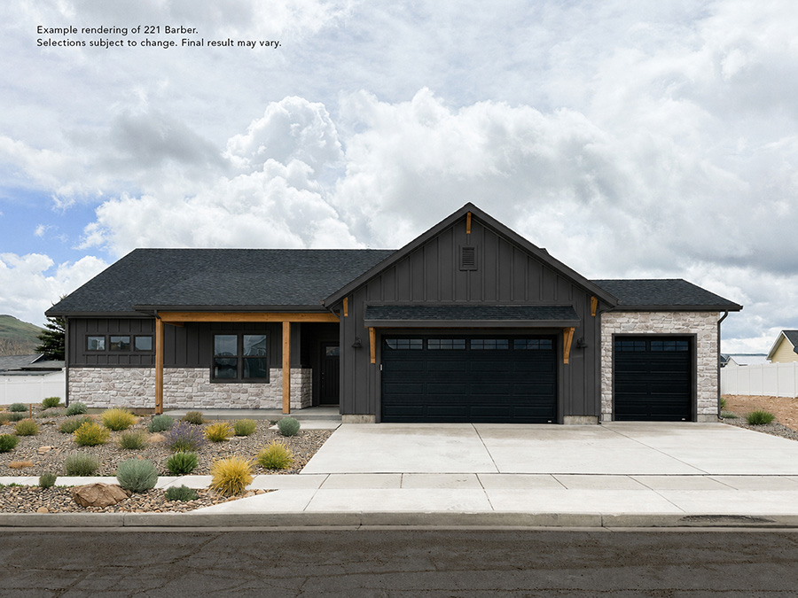 Exterior rendering of 221 Barber with dark gray siding, stone accents, and a three-car garage - modern new home built by Smart Dwellings in Evanston Wyoming